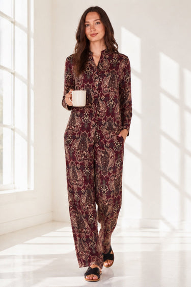 Love Sunshine Burgundy Paisley Print Shirt and Trouser Set Co ord sets LS-5002 LS-5002&9057 LS-9057