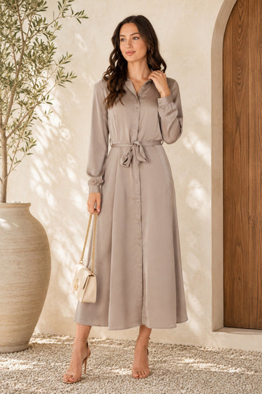 Biege Velvety Satin Maxi Shirt Dress