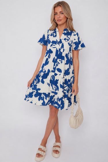 Blue Floral Print Short Sleeve Flared Mini Dress