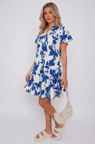 Blue Floral Print Short Sleeve Flared Mini Dress