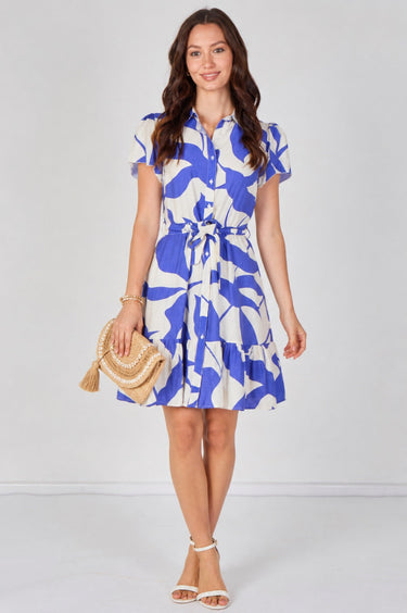 Blue Abstract Print Short Sleeve Shirt Dress