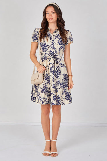 Cream and Navy Floral Print Short Sleeve Shirt Dress