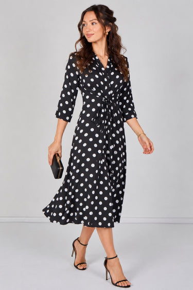Black Polka Dot Quarter Sleeve Tie Waist Midi Dress