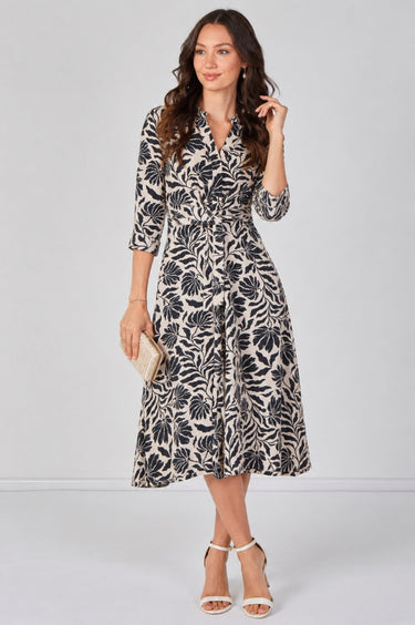 Black Tropical Print Quarter Sleeve Tie Waist Midi Dress