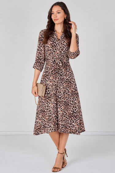 Beige Leopard Print Quarter Sleeve Tie Waist Midi Dress