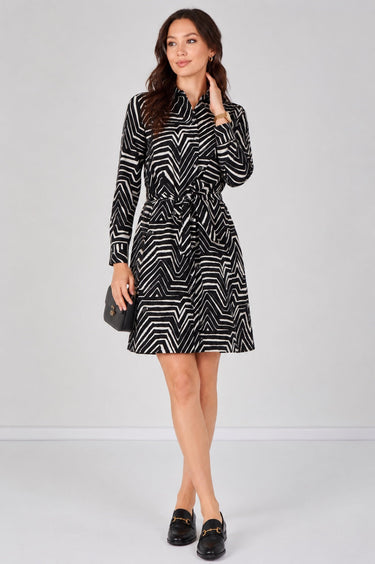 Black Geometric Print Long Sleeve Mini Shirt Dress