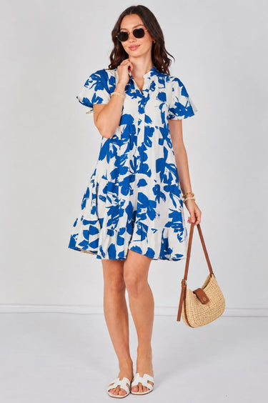 Blue Floral Print Short Sleeve Flared Mini Dress