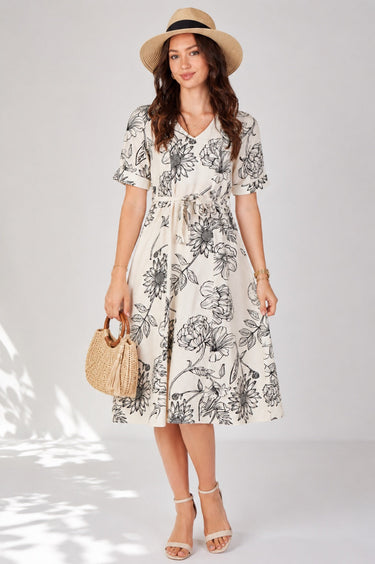 Ivory Floral Print Short Sleeve Midi Dress