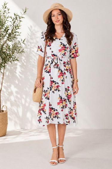 White Floral Print Short Sleeve Midi Dress