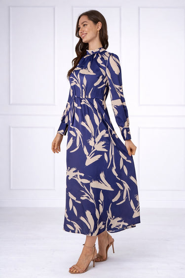 Blue Brushstroke Print Pleated Skirt Satin Maxi Dress