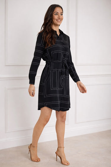 Black Geometric Print Belted Mini Shirt Dress