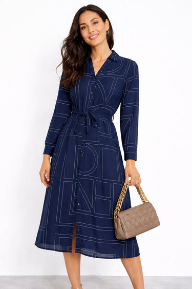 Navy Modern Line Print Belted Shirt Dress