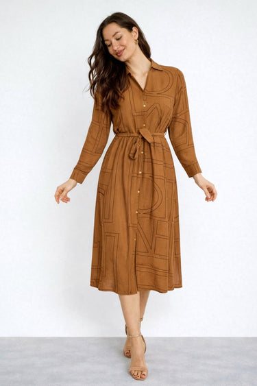 Tan Modern Line Print Belted Shirt Dress