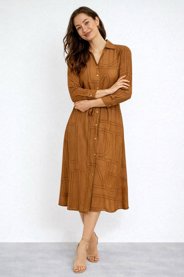 Tan Modern Line Print Belted Shirt Dress