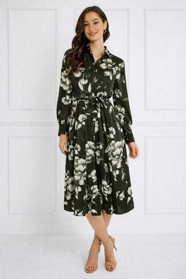 Green Botanical Print Belted Midi Shirt Dress