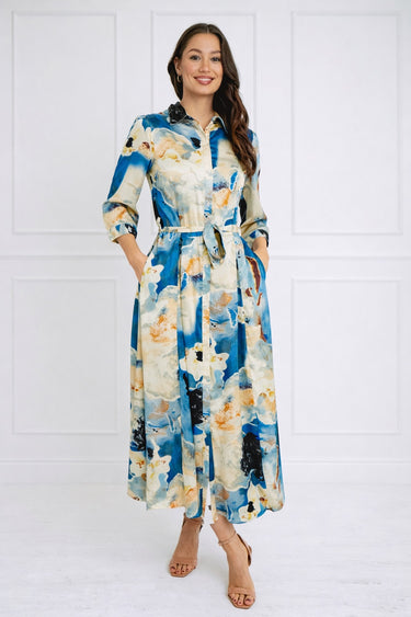 Blue Watercolor Print Satin Maxi Shirt Dress