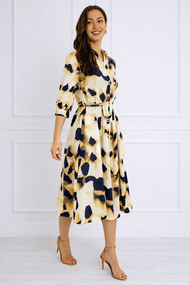 Ink Wash Print Belted Midi Shirt Dress