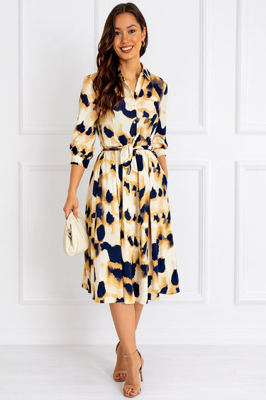 Ink Wash Print Belted Midi Shirt Dress