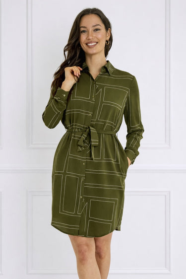 Olive Geometric Print Belted Mini Shirt Dress