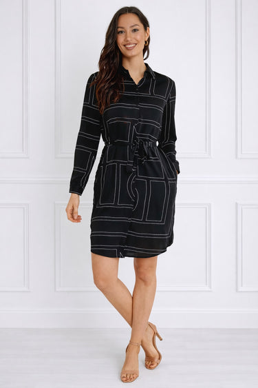 Black Geometric Print Belted Mini Shirt Dress