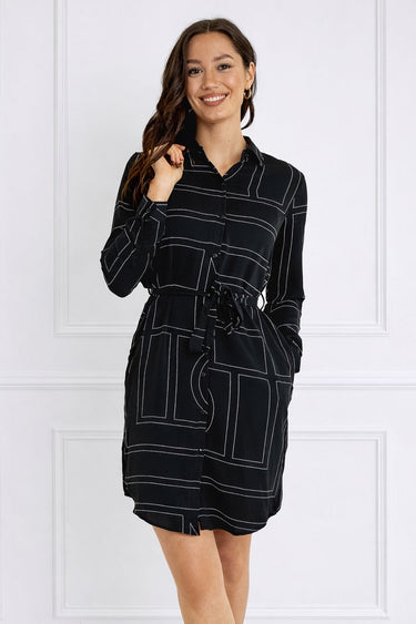 Black Geometric Print Belted Mini Shirt Dress