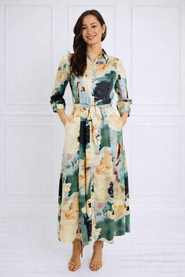 Green Watercolor Print Satin Maxi Shirt Dress