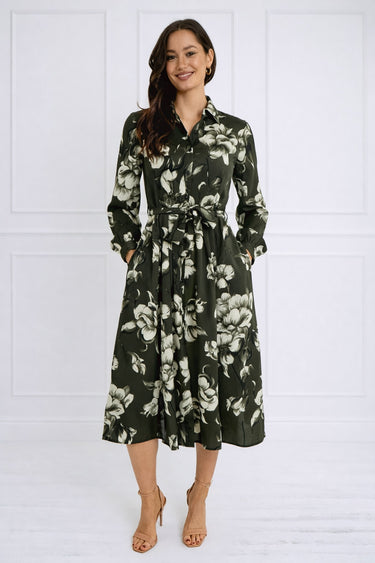 Green Botanical Print Belted Midi Shirt Dress