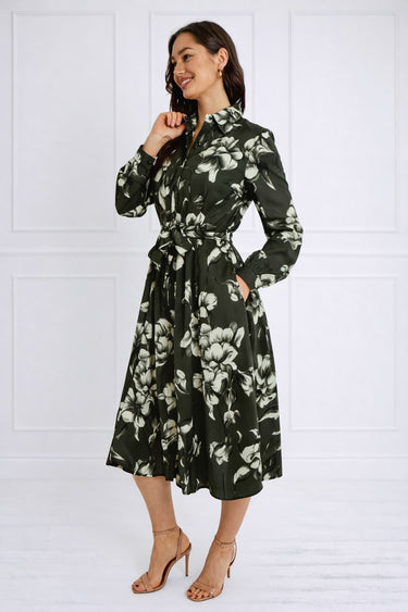 Green Botanical Print Belted Midi Shirt Dress