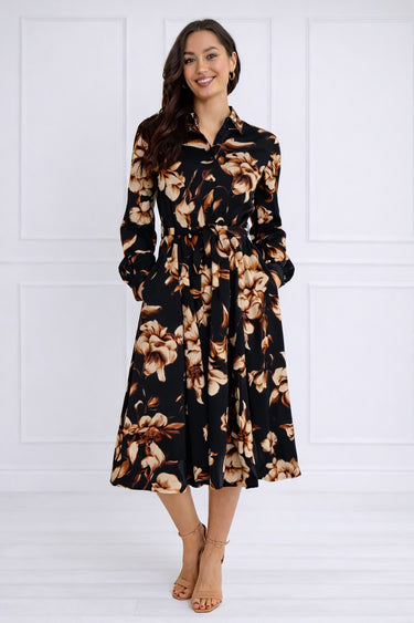 Navy Botanical Print Belted Midi Shirt Dress