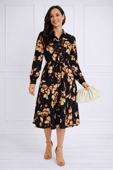 Navy Botanical Print Belted Midi Shirt Dress