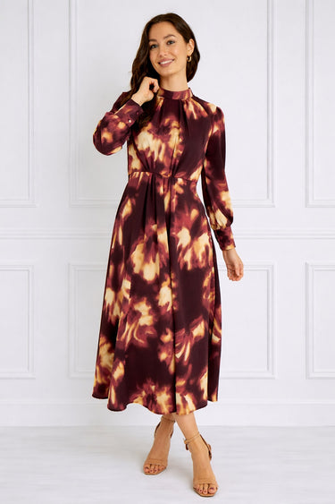 Burgundy Tie-Dye Print Pleated Skirt Maxi Dress