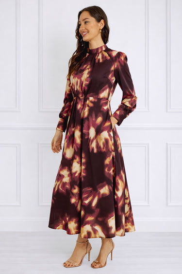 Burgundy Tie-Dye Print Pleated Skirt Maxi Dress