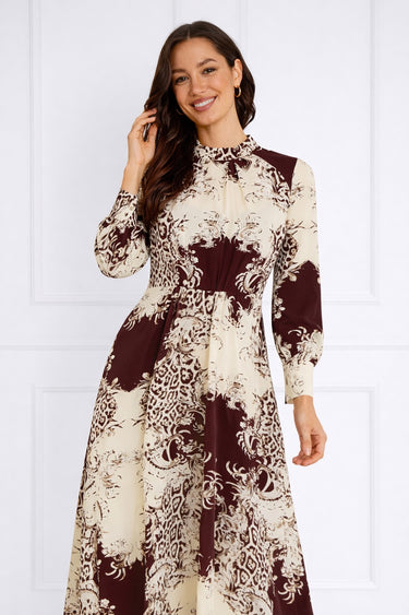Burgundy and Cream Baroque Print Pleated Skirt Maxi Dress