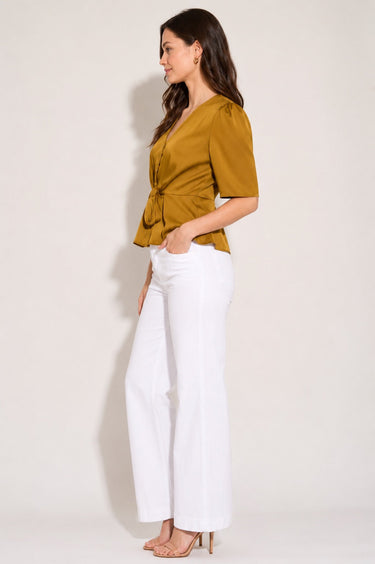 Olive Satin Tie Front Short Sleeve Top