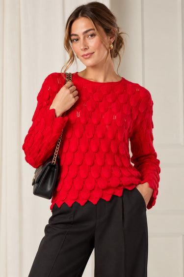 Red Scallop Textured Knit Jumper