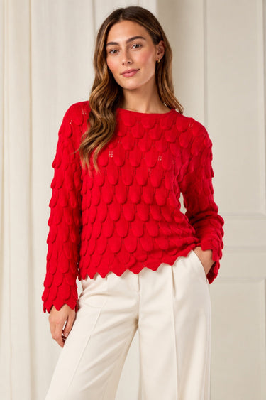 Red Scallop Textured Knit Jumper