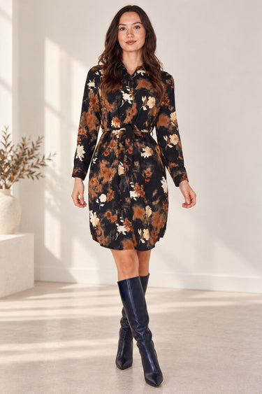 Black Rust Floral Print Tie Waist Shirt Dress
