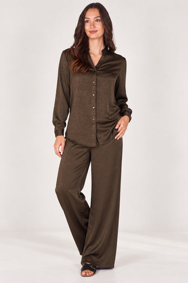 Love Sunshine Khaki Satin Cowl Neck Shirt & Wide Leg Trouser Co-ord Set Co ord sets LS-5002 LS-5002&9057 LS-9057