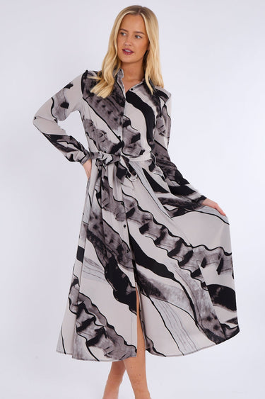 Black and Grey Abstract Print Midaxi Shirt Dress