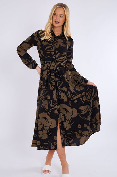 Khaki Abstract Floral Print Midaxi Shirt Dress
