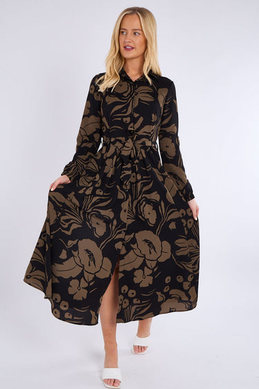 Khaki Abstract Floral Print Midaxi Shirt Dress