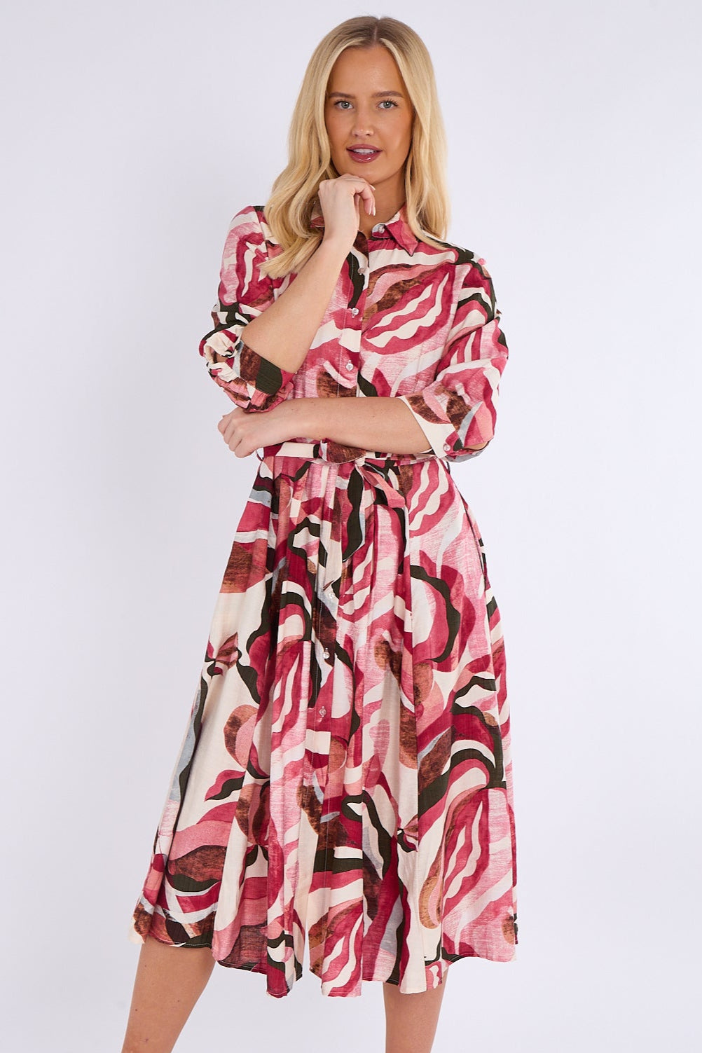 Berry and Pink Pattern Print Midi Shirt Dress