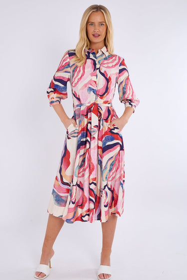 Blue and Pink Pattern Print Midi Shirt Dress