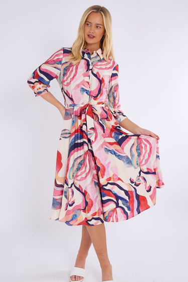Blue and Pink Pattern Print Midi Shirt Dress