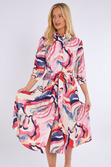 Blue and Pink Pattern Print Midi Shirt Dress