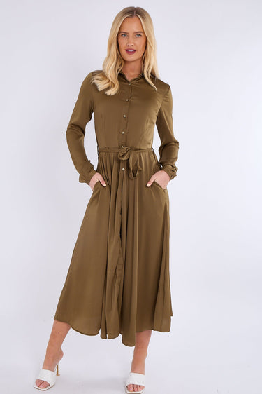 Olive Layered Satin Long Sleeve Maxi Shirt Dress