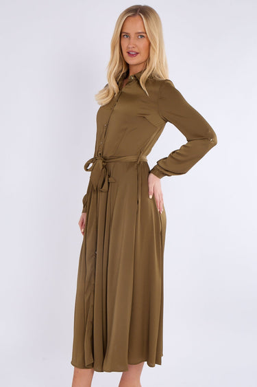 Olive Layered Satin Long Sleeve Maxi Shirt Dress