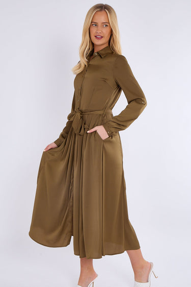 Olive Layered Satin Long Sleeve Maxi Shirt Dress