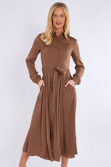 Mocha Layered Satin Long Sleeve Maxi Shirt Dress
