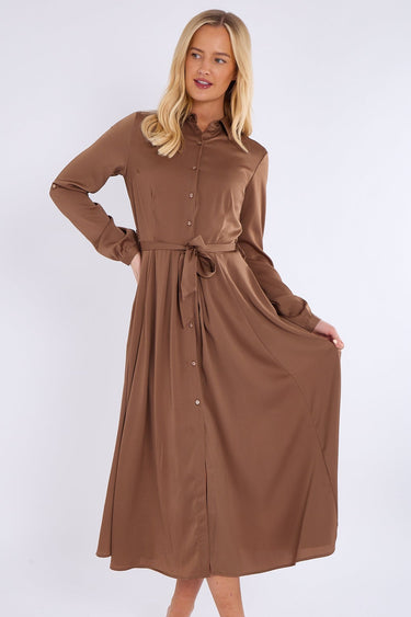 Mocha Layered Satin Long Sleeve Maxi Shirt Dress